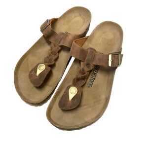 Birkenstock Braided Oiled Cognac Leather Gizeh Sandals